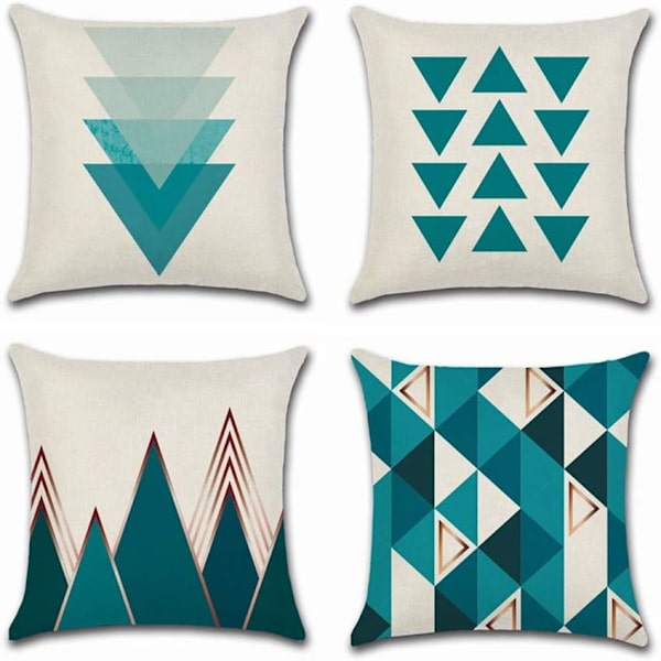4 stk putetrekk 45 x 45 cm, kvadratisk dekorativ putevar trekk sofa putetrekk blå trekant trykt geometrisk mønster bomull lin hjem dekorasjon
