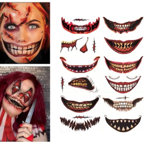 Halloween skämt smink tillfällig tatuering, vuxna barn clown skräck