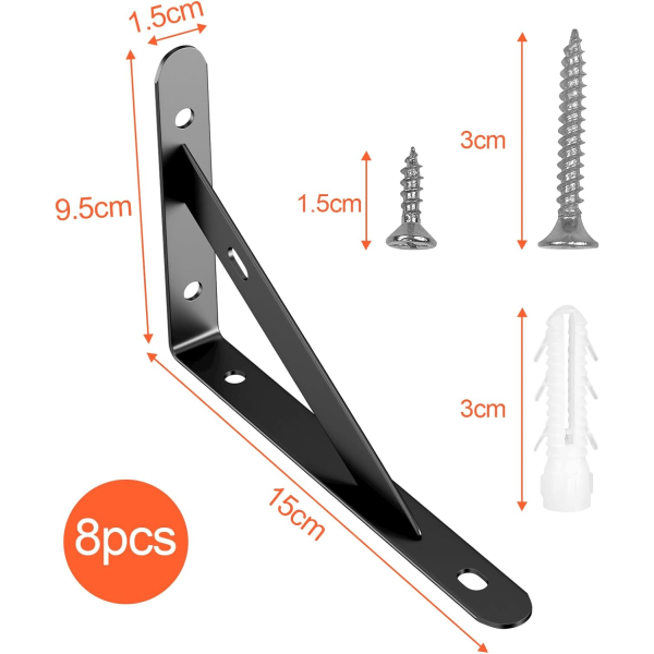 8 stk 150 x 95mm veggmontert hyllebrakett, trekantbrakett, hylleplugger,