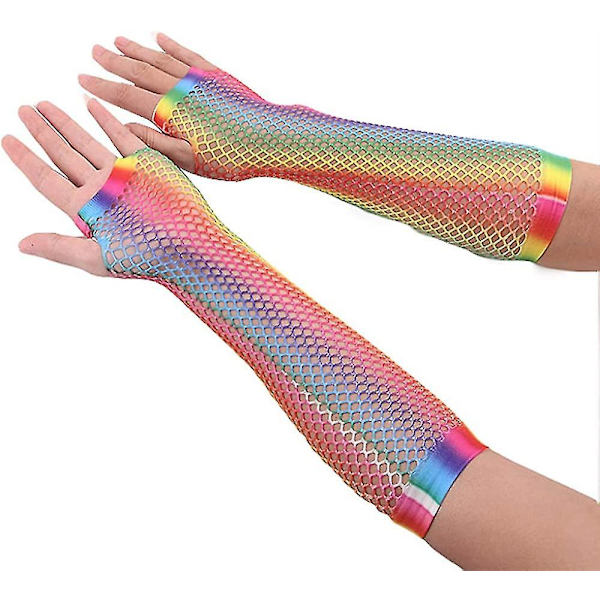 Stretchy Rainbow Gradient Fingerless Fishnet Gloves Costume 2Pair