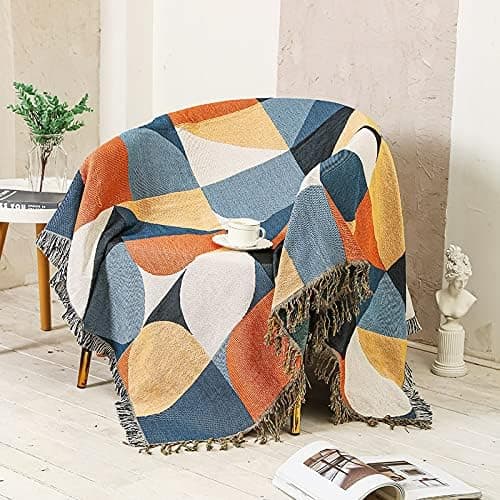 Beige Boheme Sofa Kast, Etnisk Vævet Boho Geometrisk Multifarvet Blå og Orange Kast til Sofa Aztec Sengetæpper Overdimensioneret Stol Sof