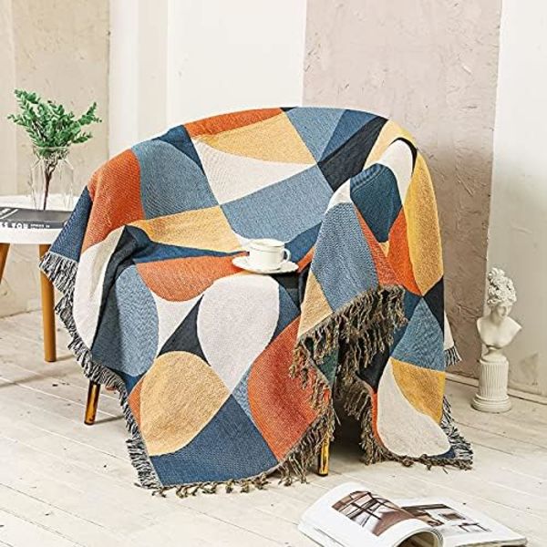 Beige Bohemian Soffa Överkast Filtar Etnisk Vävda Boho Geometrisk Flerfärgad Blå och Orange Överkast för Soffa Aztec Säng Överkast Överdimensionerad Stol Soffa