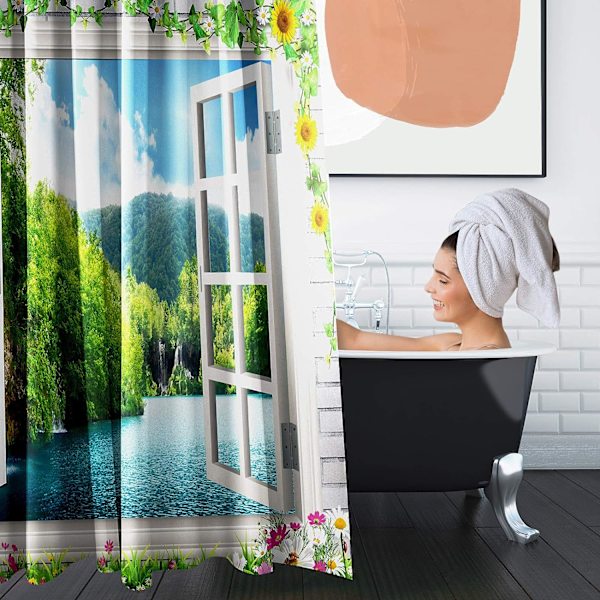Duschdraperiset, 3D vitt fönster vattenfall, 72\" x 72\"
