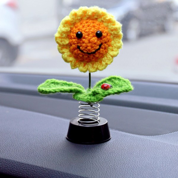 Solros Bilinstrumentbräda Dekorationer, Instrumentbräda Bobbleheads Stickade Blommor