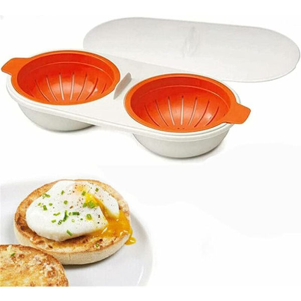 Drænende æggekoger, mikrobølgeovn ægpochere, non-stick funktion, ægpochere kop mikrobølgeovn, dobbelt kop ægkoger ægdampkoger køkkengadget, BPA-fri orange