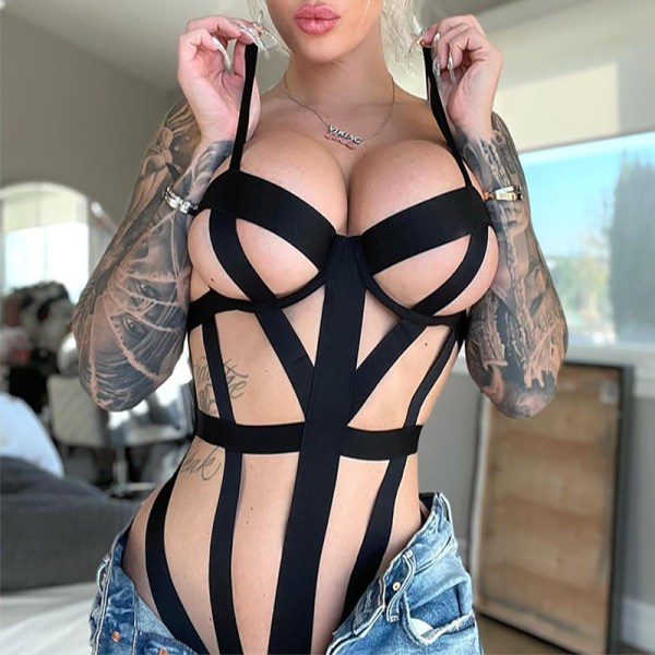 Seksikäs naisten valjaat Halter Pentagram Body Harness Bra Caged Bra Cupless Bra Punk Gothic Style Strappy Bralette L