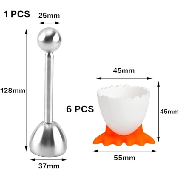 Eggeskallknekker Sett i Rustfritt Stål Eggåpner Eggeglass Remover for Hardkokte og Bløtkokte Egg 6 Deler Eggeglass og 1 Flerfarget Eggåpner