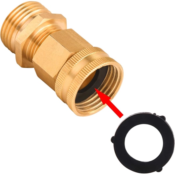3/4\" GHT - 1/2\" NPT Puutarhaletkun Sovitin, Kaksi Uros- ja Naaraspuolista Messinkiliitintä, 8 Lisätiivisteellä