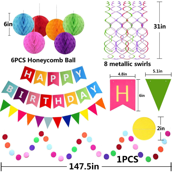 Grattis på födelsedagen banderoll med färgglada pappersflaggor vimplar papper cirkel konfetti girlang virvlande streamers bikakeboll för födelsedagsfest