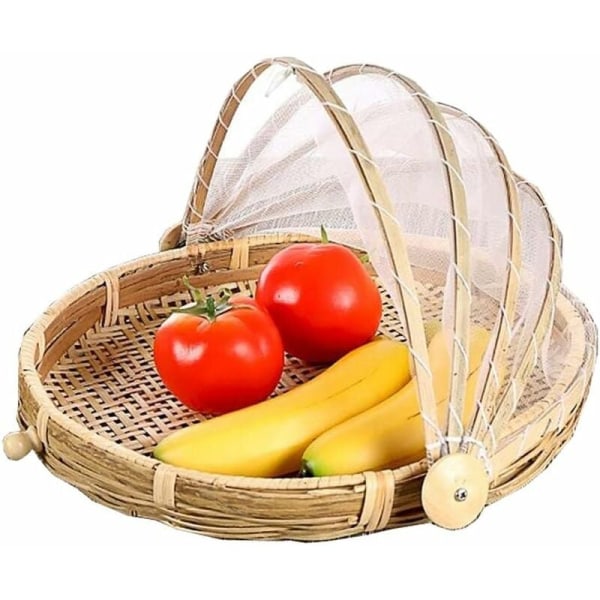 Håndlavet flettet bambus picnickurv, støvtæt med net til frugt, grøntsager og brød, Bambus, Dia.30cm