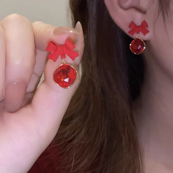 Fashion Röda Rosett Drop Dangle Örhängen Stud Kvinnor Bröllop Smycken, 1 par