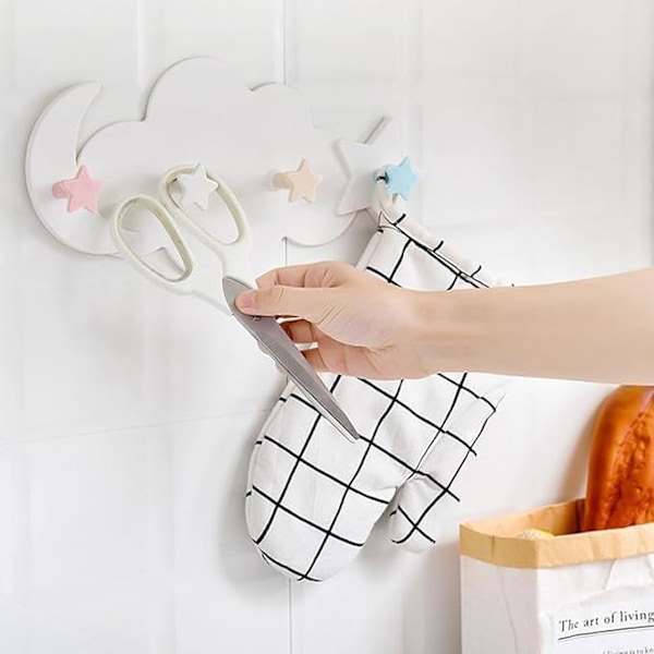 Stjerne- og Måneknager, 4 Knager til Børnegarderobe, Plastik Vægknager Uden Boring, Skyformede Vægknager, Velegnet til Garderobe
