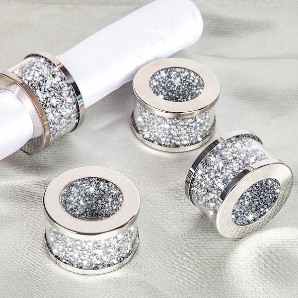 4 krystallglass serviettringer, serviettringer fylt med knuste diamanter