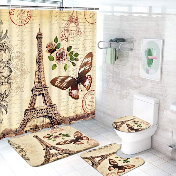 4 set Paris Eiffeltorn duschdraperier med halkfri matta, toalettlock och duschmatta, vattentäta fjärilsduschdraperier med 12 krokar, nostalgiskt badrumsuppsättning, brun