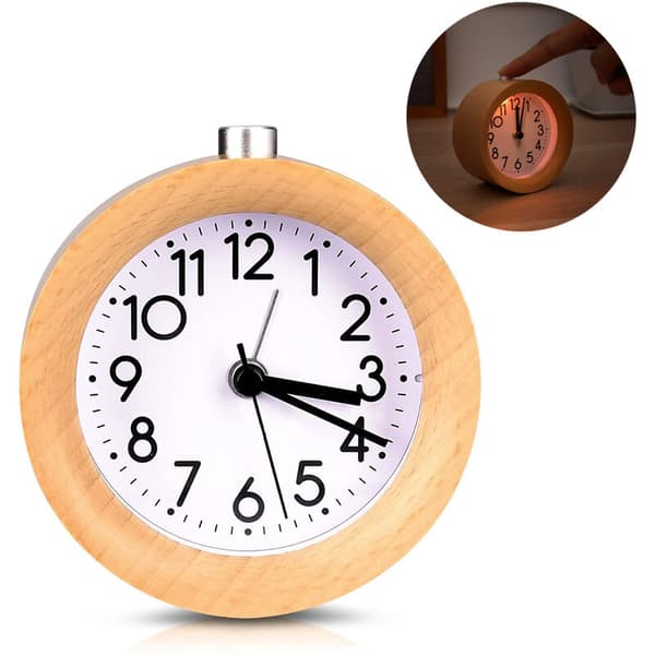 Trä analog väckarklocka med snooze - retroklocka med lysande