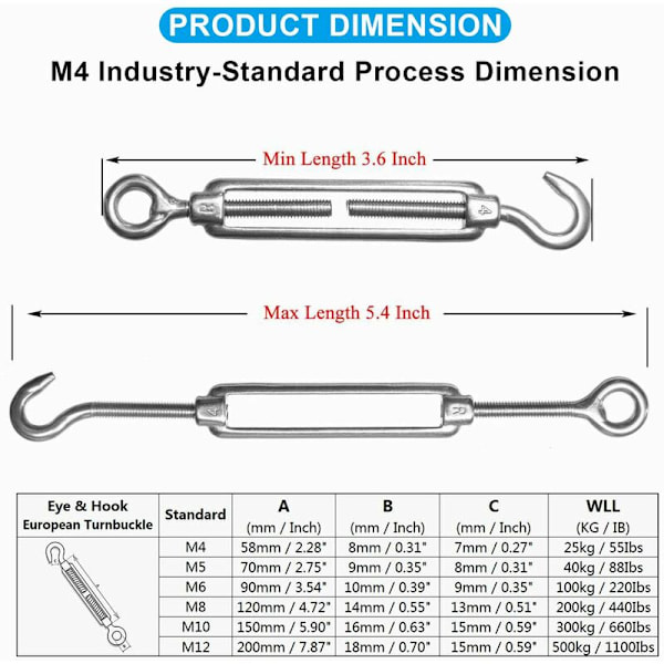 M4 304 Rustfritt Stål Strammer Rustfritt Stål Strammer Wire Rope Lys Spenning