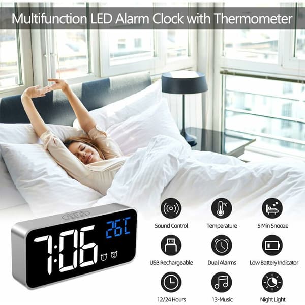 Digital väckarklocka, LED-spegellarmklocka med temperatur/snooze
