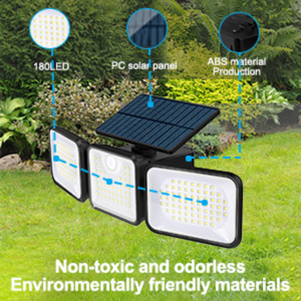 Ulkoinen aurinkovalaisin liiketunnistimella, 3 päätä 180 LED ulkoaurinkovalo IP65 vedenpitävä ulkoaurinkovalaisin 3 tilaa Valonheitin Aurinko LED puutarhavalaisin