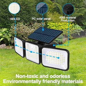 Utendørs solcellelampe bevegelsessensor, 3 hoder 180 LED utendørs solcellelys IP65 vanntett utendørs solcellebelysning 3 moduser spotlight sol LED hageproje
