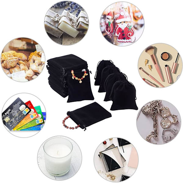 50-pack sammetspåsar med dragsko, smyckespåsar i svart, 9,9 x 12,9 cm, minitärningspåsar, tygpåsar för presenter, festpåsar, godispåsar för Halloween för smycken, armband, klockor, förvaring av kristaller.