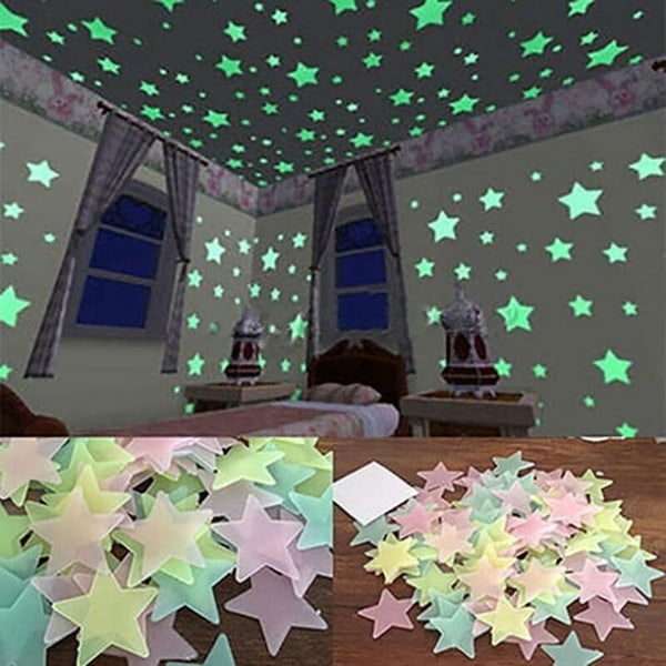 100 stk 3D Glow in the Dark Stars Takklistremer Søte Livin