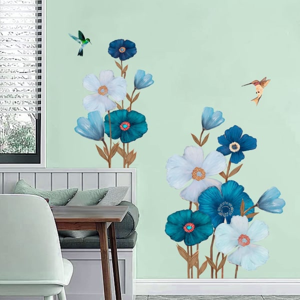 Väggdekal med blå vit blomma Stor blommig växtväggdekal Flying Birds Wall A