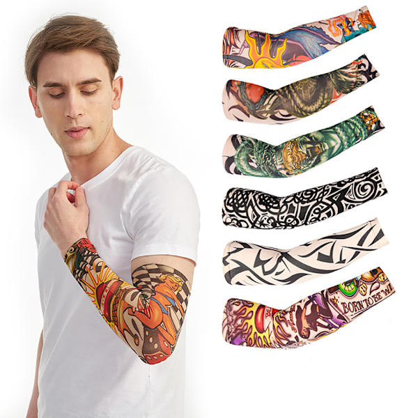 Falska tatueringsärmar, 6 st fashion nylon armskydd mjuka andningsbara sportarmskydd snabb torkning solskydd sleevelet stretchiga armkylskydd