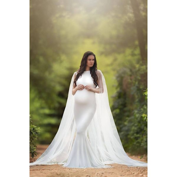 Kvinnors flytande kappa gravidklänning tyll sjöjungfru babyshower slim fit klänning lång chiffong maxi fotografering klänning för fotografering (vit-XL)