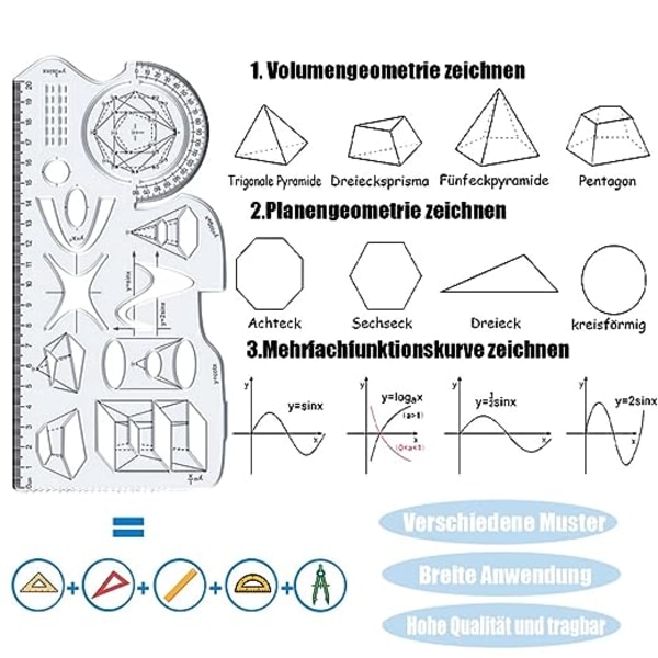 Multifunktionel geometrisk lineal, geometrisk mønster lineal, 3 stk. multifunktionel tegnelineal, geometriske figurer lineal, geometrisk tegnelineal, geometrisk lineal