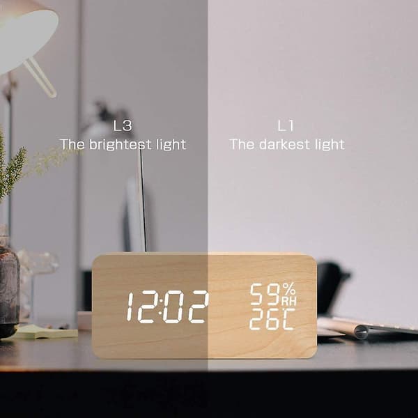 Växarklocka Digital Bordsur Led Datum Luftfuktighet Temperatur Trä