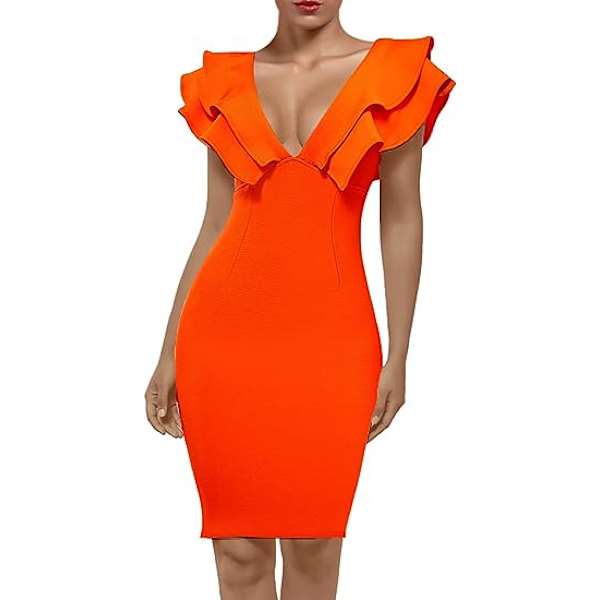 Kvinners Ruffle Korte Ermer Plunge V-hals Bodycon Kjole Bak Split