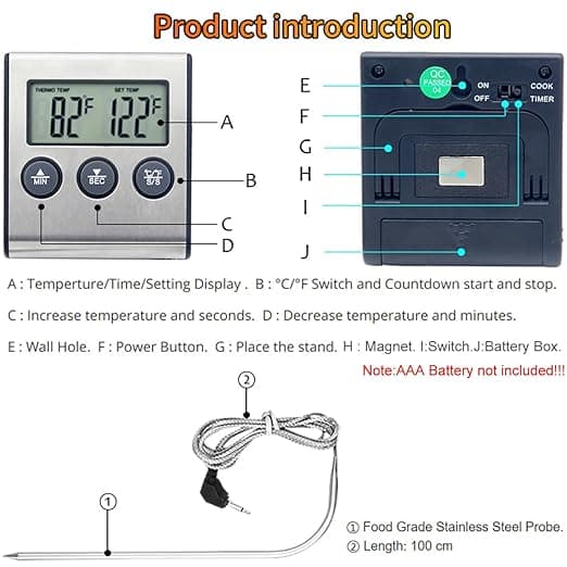 1 stk. LED digitalt termometer med sonde, madtermometer med timerfunktion