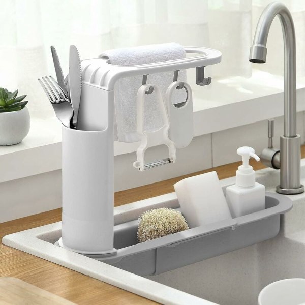 Diskho-svamp hållare kök diskho arrangör multifunktionell diskho rack utdragbar diskho rack kök diskho förvaring kök diskho diskhanddukar kök diskho förvaring grå vit 34-50cm