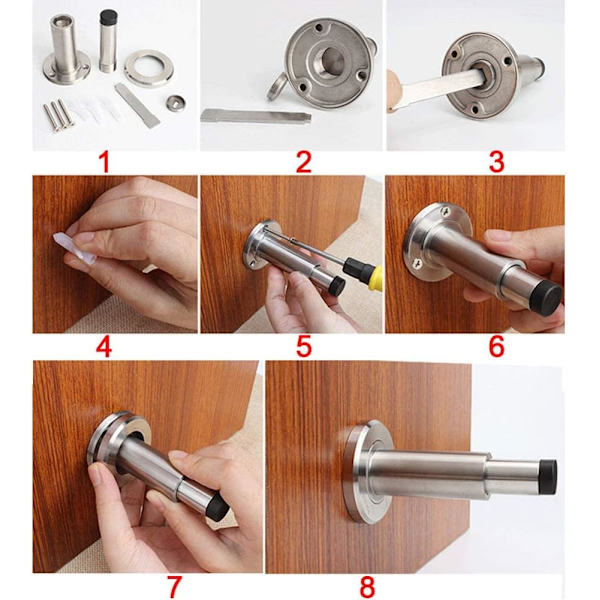 1PCS dørstopper - veggmontert dørstopper, rustfritt stål krom, med gumm