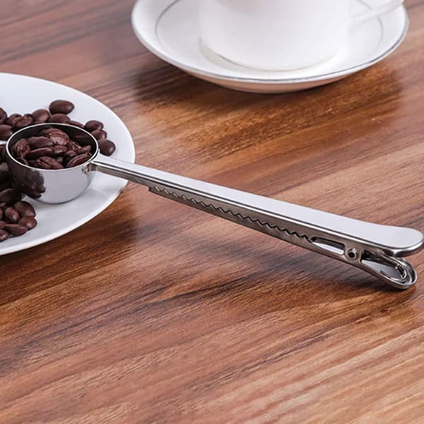 Kaffe scoop med klips, 2 i 1 rustfrit stål 1 spsk malet måleske med poseklips til kaffe te (5-pakning)