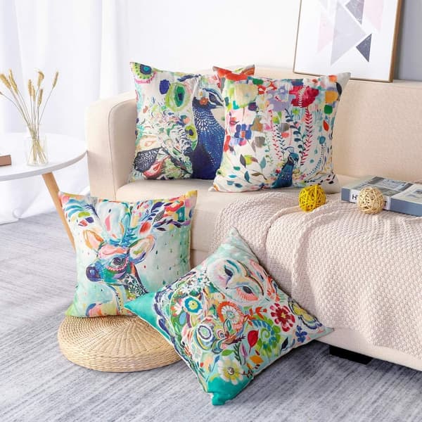 4 stk. dekorative pudebetræk i polyester og hør til sofa, bil og hjem (farvemalede dyr)