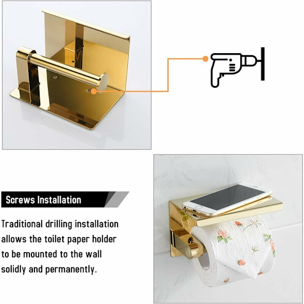 Guld toiletrulleholder 304 toiletrulleholder med hylde Væghængt toiletrulleholder til badeværelse