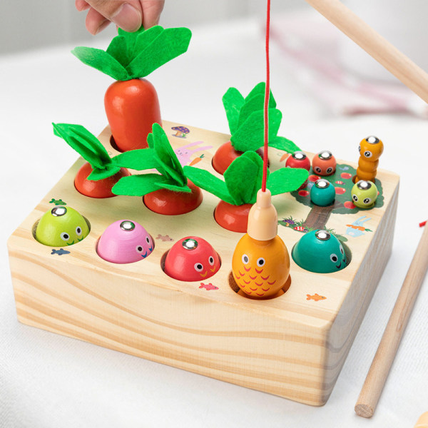 Barnleksak 2 år | 3-i-1 Montessori-spel Barn 2 3 4 år | Morotsfiskespel | Träleksak för present 2+ år Flicka Pojke Bebisar