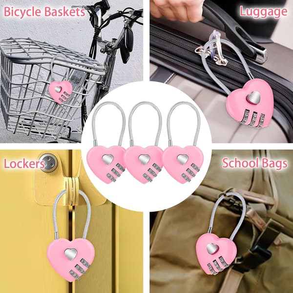 3-pack rosa hjärtformade kombinationshänglås för resväskor, söt hjärtformad kod