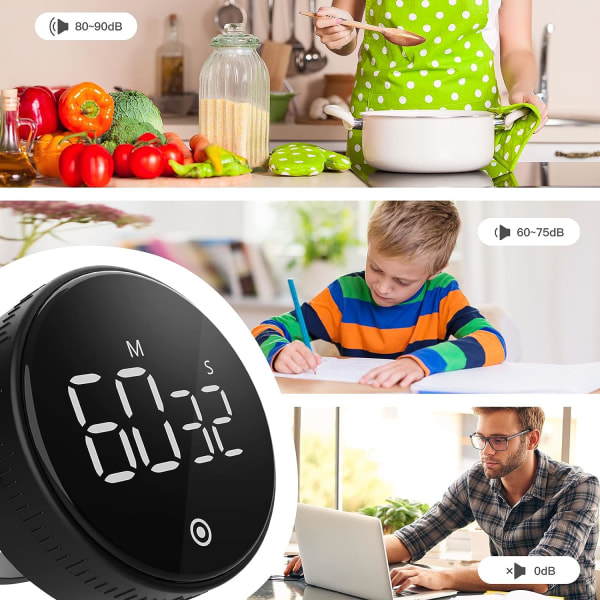 Kjøkkenur, digital magnetisk timer med LCD-skjerm og 3 justerbare volumer, 360° rotasjonskontroll, stoppeklokke og nedtellingstimer for matlaging, baking