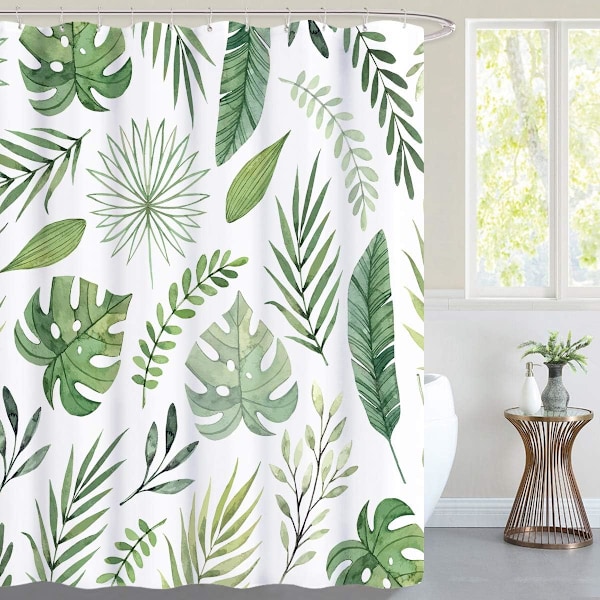 Mildew-resistent bruseforhæng, grønne blade tropiske planter bruseforhæng polyesterstof til badeværelse med 12 kroge vandtæt, 180 x 200 cm