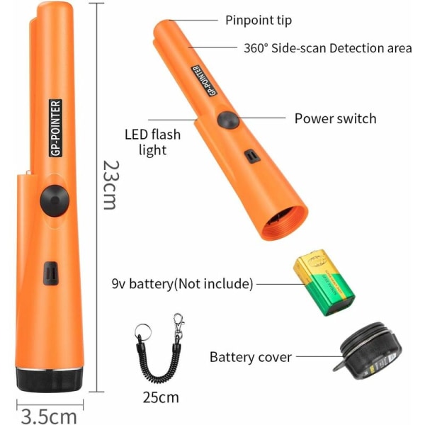 Pinpointer Metaldetektor, Metaldetektor Metal Pinpointer IP66 Vandtæt Scanning Vandtæt Metal Pointer Detektionstilbehør til Mønt Skattejagt (Orange, 23