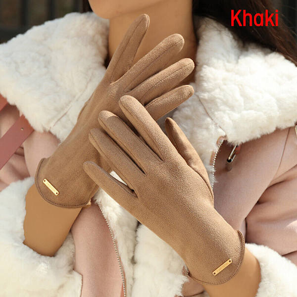 1 PAR KHAKI Dame Vinter Lammeskind Ruskind Handsker Touch Screen Tynde Kasmir Varme Luffer
