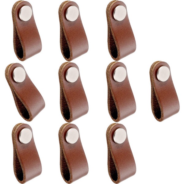 Skåphandtag i läder, skåpknoppar i brunt läder, skåphandtag i läderögla, handtag för skåp, 10-pack