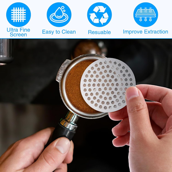 51 mm espressopuikkosuodatin, 1,1 mm paksuus, uudelleenkäytettävä ruostumattomasta teräksestä valmistettu suodatin espressoportafilterille (51 mm)