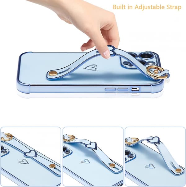 Designet for iPhone 14 Pro Max 6,7 tommers deksel med håndleddsrem, plating kant L
