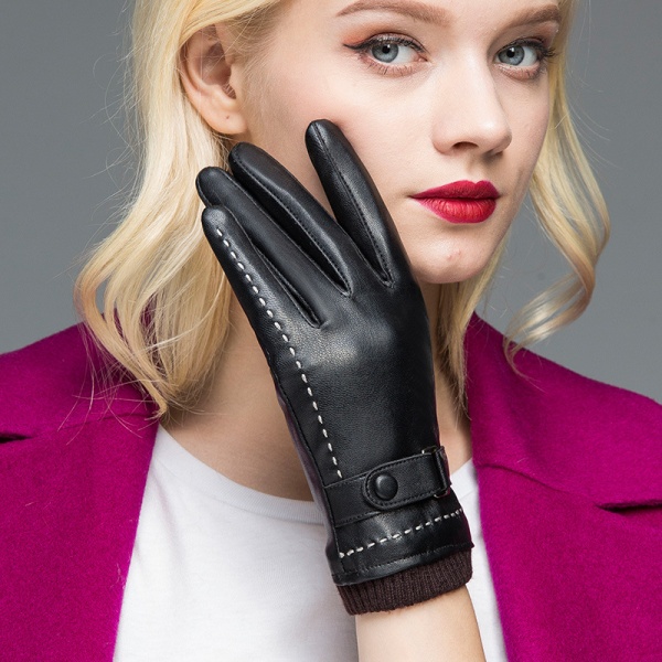 Vinter læderhandsker til kvinder, uldfleeceforede varme handsker L