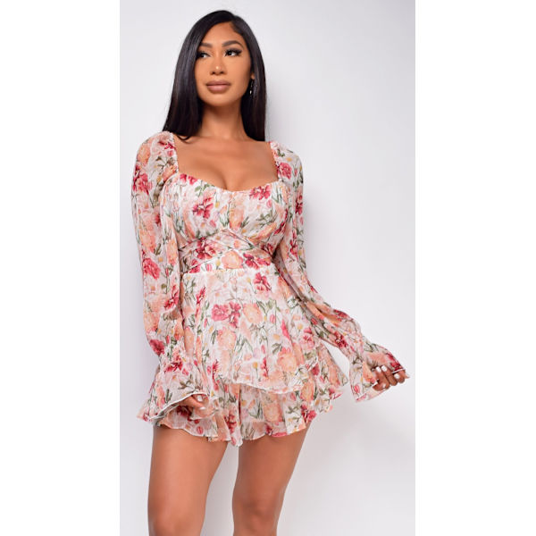 Jumpsuit Lantern Langærmet Ruffle Lag Tie Mini Short Romper-pink,M