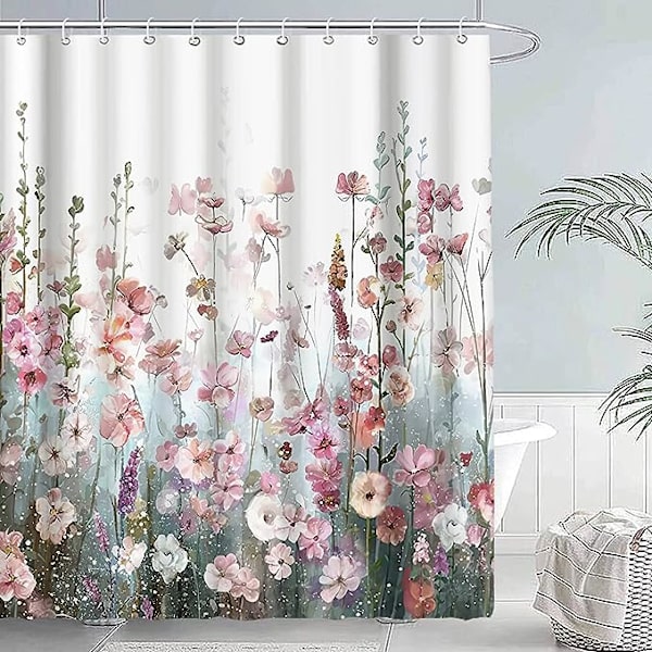 Mildew Resistant Shower Curtain Fabric Shower Curtain 120x180cm, Vandtæt Vaskbar Polyester Badekar Badeforhæng med Kroge, Blomsterbuskmønster