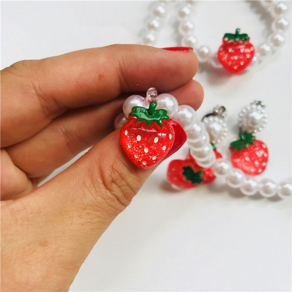 3pcs Strawberry Pearl Necklace Bracelet Ear Clips Set